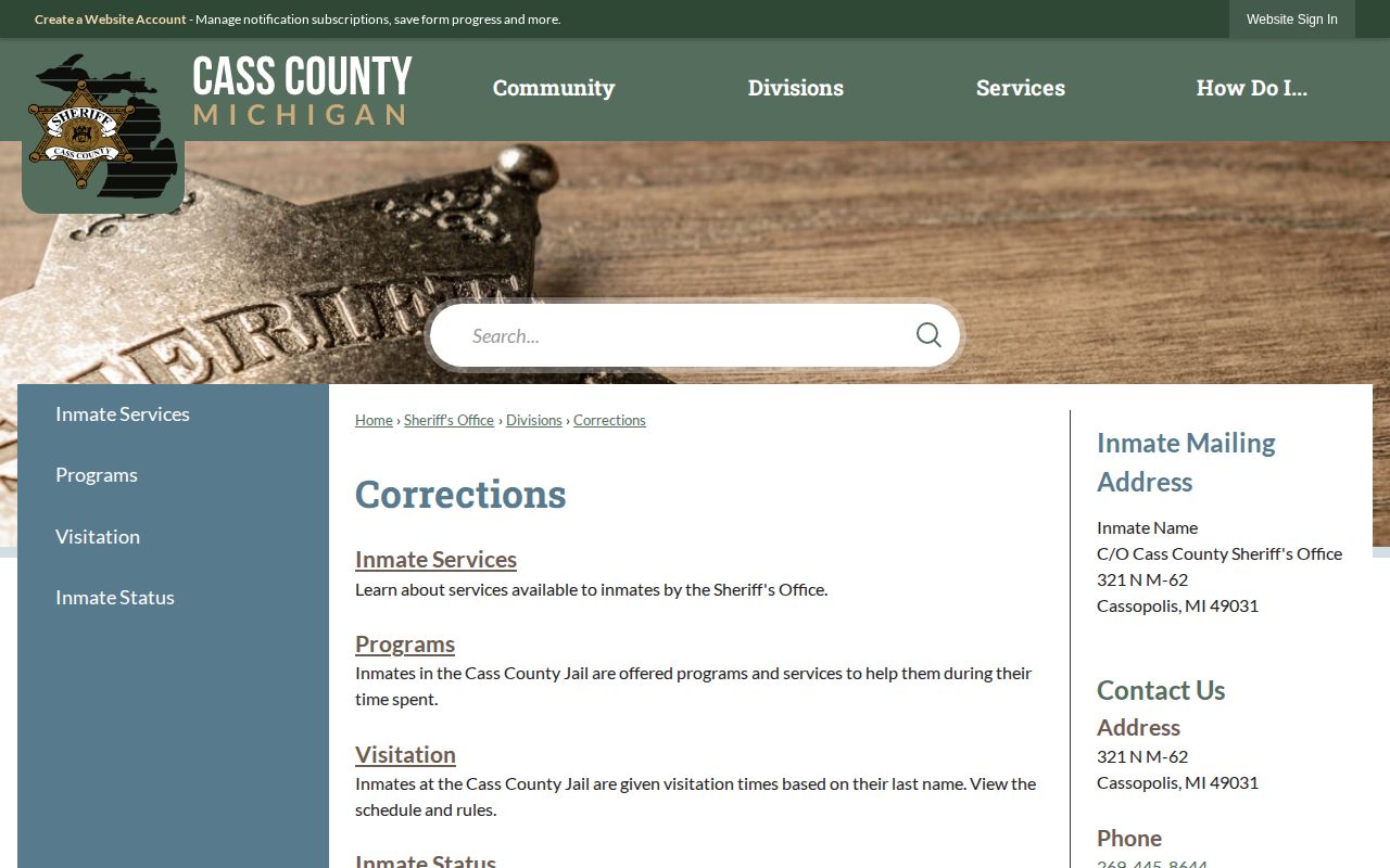 Cass County Jail release status route on the Corrections page