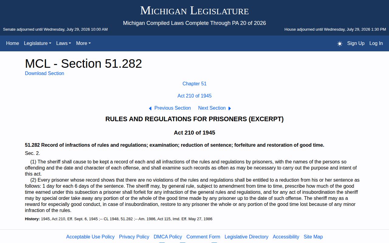 MCL 51.282 Cass County Jail good-time release rule