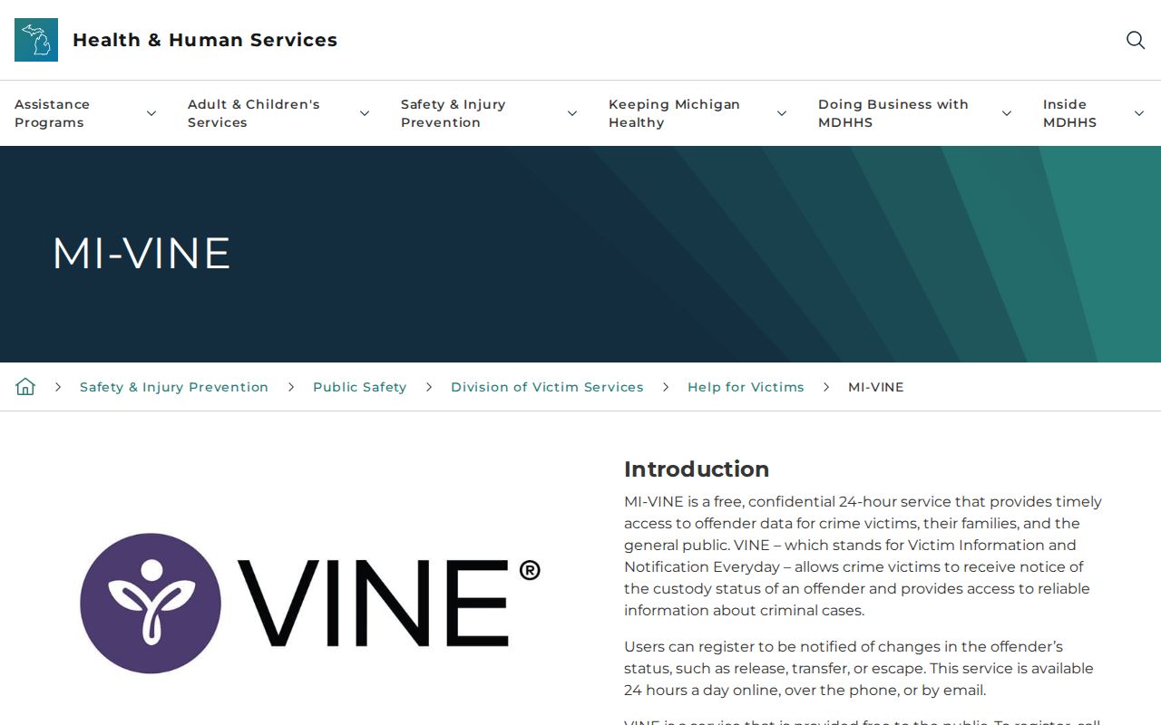 Michigan VINE overview for Cass County inmate checks and release alerts