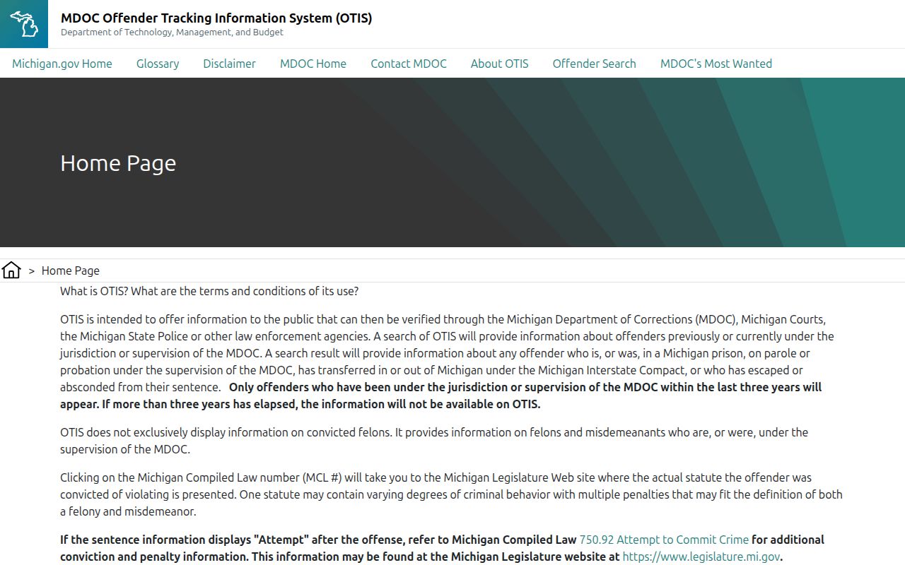 Michigan OTIS offender search fields for MDOC records