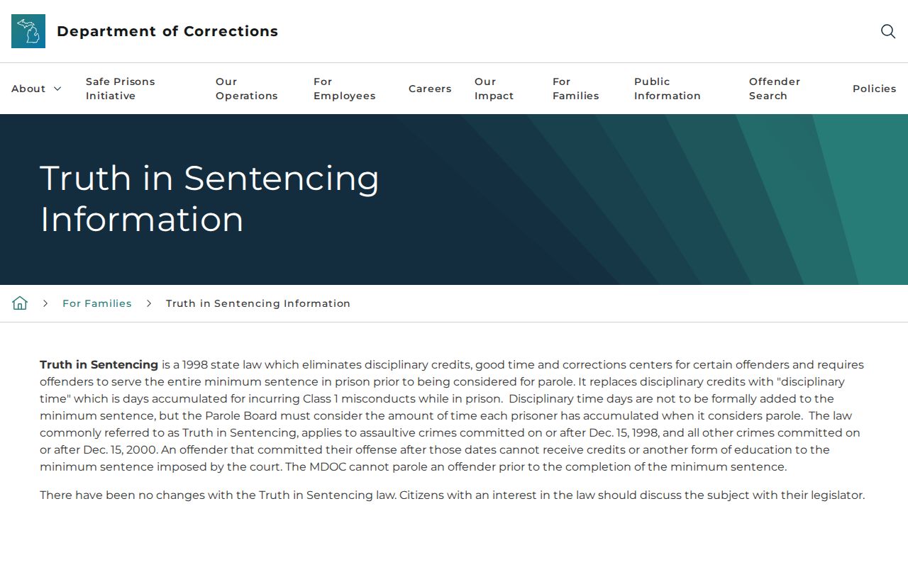 Michigan Truth in Sentencing rules for Cass County projected release dates